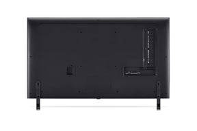 LG 75QNED85T3A televízió hátulnézetben talpon.