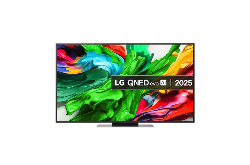 LG 50QNED86A televízió előlnézetben talpon, enyhén balra fordítva. A kijelzőn LG QNED evo ai logó és színes festékek kavarognak.