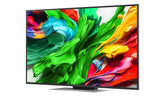 LG 43QNED87A televízió előlnézetben talpon, enyhén balra fordítva. A kijelzőn színes festékek kavarognak.