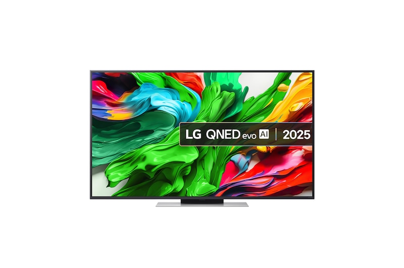 LG 50QNED87A televízió előlnézetben talpon, enyhén balra fordítva. A kijelzőn LG QNED evo ai logó és színes festékek kavarognak.