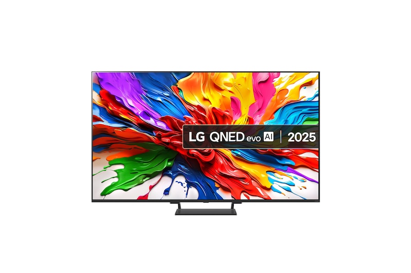 LG 75QNED93A televízió előlnézetben talpon. A kijelzőn színes festék keverék és qned evo ai logó.