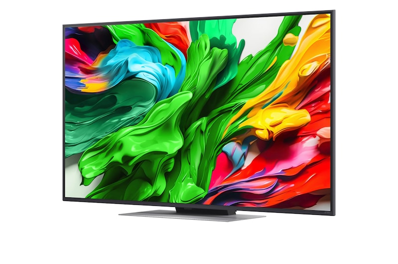 LG 65QNED9MA3B televízió előlnézetben talpon, enyhén balra fordítva. A kijelzőn zöldes piros festékek kavarognak.