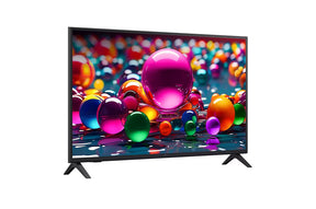LG UA7500 szériás Smart televízió előlnézetben talpon, enyhén jobbra fordítva. A kijelzőn színes gömbök szétszórva.