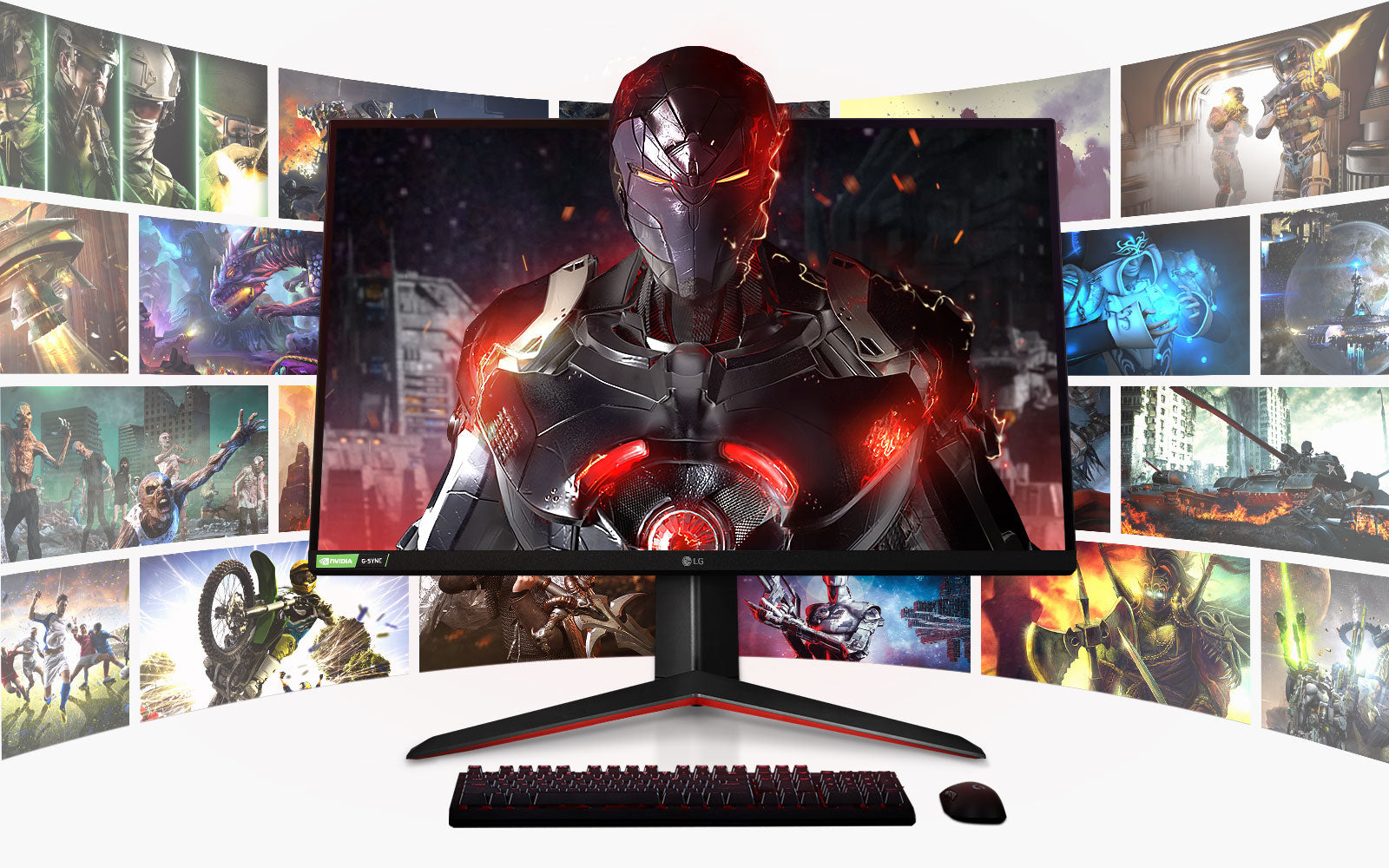 LG UltraGear Gaming monitor talpon összeszerelve, a háttérben játékokból kiszedett pillanatképek.