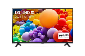 LG 43UT73003LA Smart televízió előlnézetben talpon. A képernyőn élénk színes gömbök, webos és lg logók.