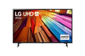 LG 50UT8000 Smart televízió előlnézetben talpon. A képernyőn színes padlólapok és ablakok. LG webos renew logó.