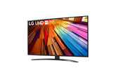 LG 43UT8100 Smart televízió előlnézetben talpon, enyhén balra fordítva. A képernyőn színes padlólapok.