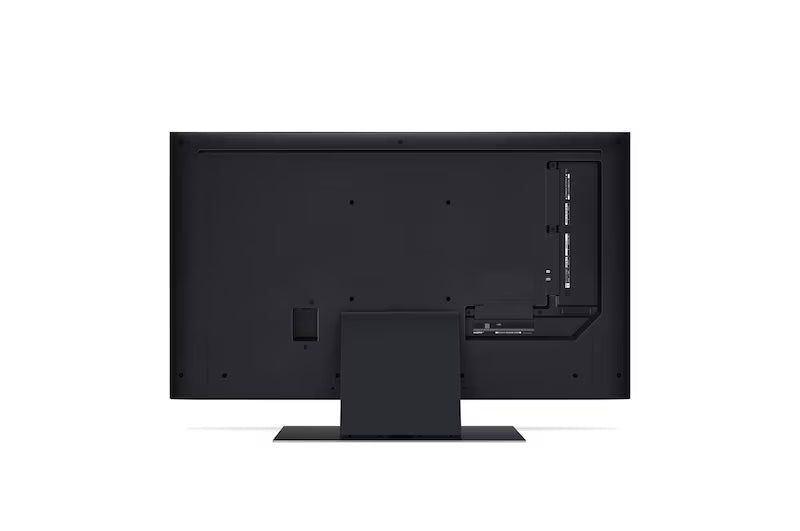 LG 75UT9100 televízió hátulnézetben talpon. 