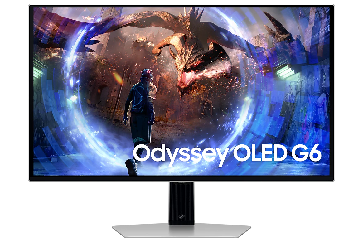 Samsung S27DG600SU Monitor előlnézetben talpon. A kijelzőn egy portalon áthaladó gaming karakter és sárkány, oyssey oled g5 logóval.