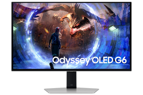 Samsung S27DG600SU Monitor előlnézetben talpon. A kijelzőn egy portalon áthaladó gaming karakter és sárkány, oyssey oled g5 logóval.