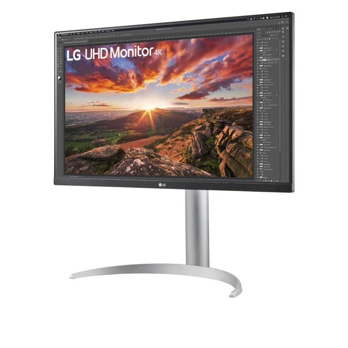 LG 27" UltraFine 4K UHD FreeSync HDR IPS Monitor előlnézet enyhén balra fordítva, 27UP850-W