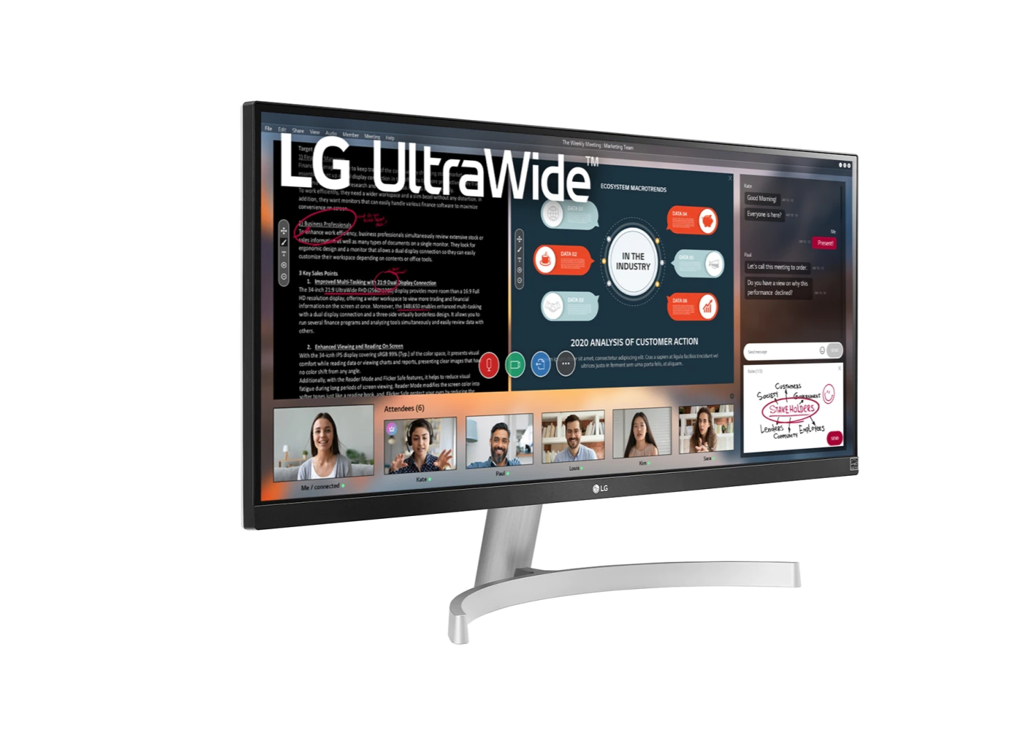 LG 29" UltraWide 21:9 FHD 75Hz FreeSync HDR IPS Monitor előlnézet jobbra fordítva, 29WN600-W