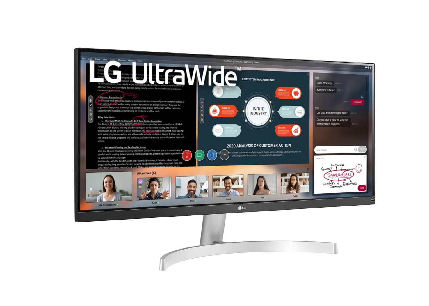 LG 29" UltraWide 21:9 FHD 75Hz FreeSync HDR IPS Monitor előlnézet enyhén jobbra fordítva, 29WN600-W