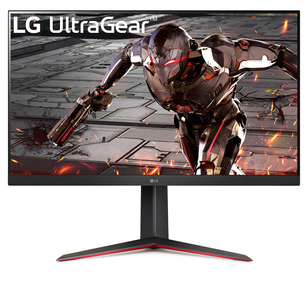 LG 32" UltraGear 2K QHD 165Hz 1ms VA Paneles Gamer Monitor előlnézet robot főhős fegyverrel a kézben, 32GN650-B