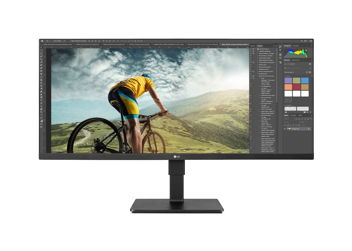 LG 34" UltraWide 21:9 FHD 75Hz FreeSync HDR IPS Monitor előlnézet photoshop illusztrációval, 34BN670-B