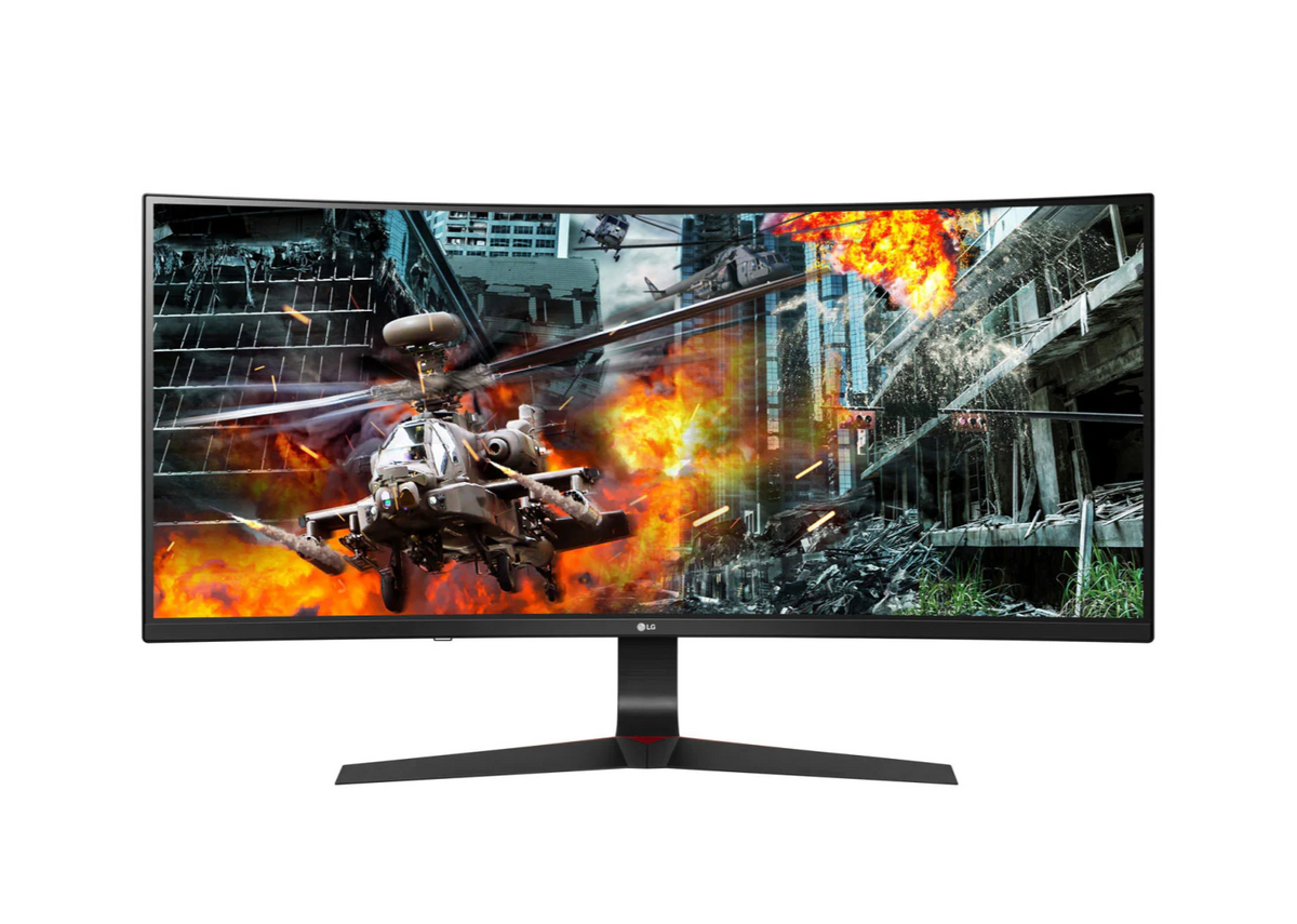 LG 34" Ívelt UltraGear FHD 144Hz 1ms IPS Gamer Monitor előlnézet helikopteres akció jelenettel, 34GL750-B