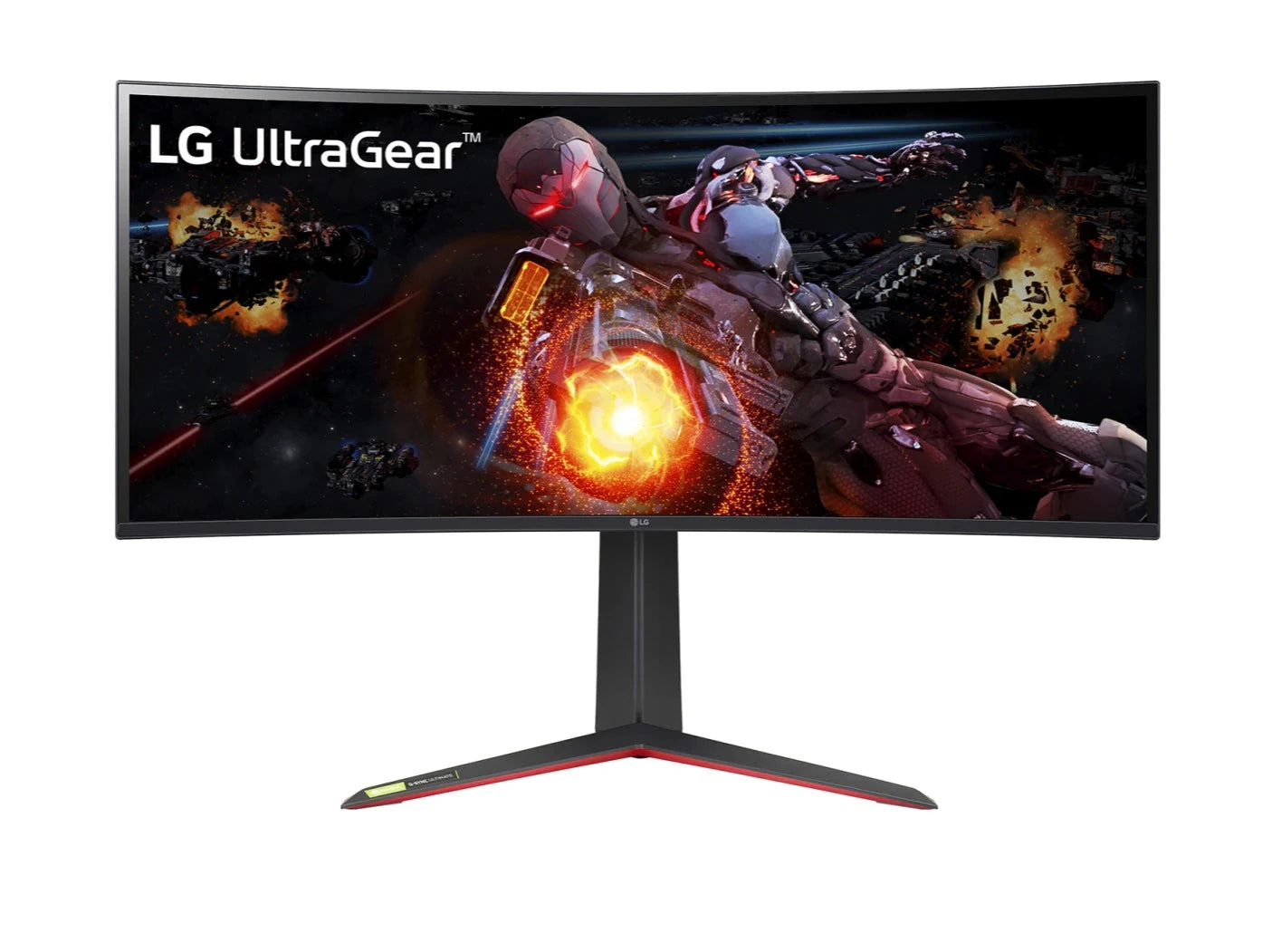 LG 34" Ívelt UltraGear 2K WQHD 180hz 1ms Nano IPS Monitor előlnézet robot hero és űrhajók harcban, 34GP950G-B