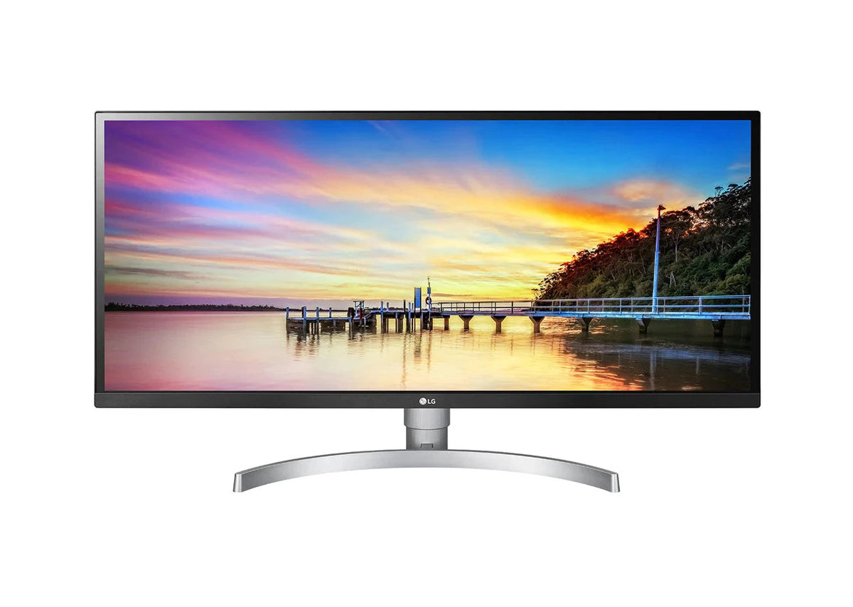 LG 34" UltraWide FHD 75Hz FreeSync HDR IPS Monitor előlnézet vízparti móló tájképpel, 34WK650-W