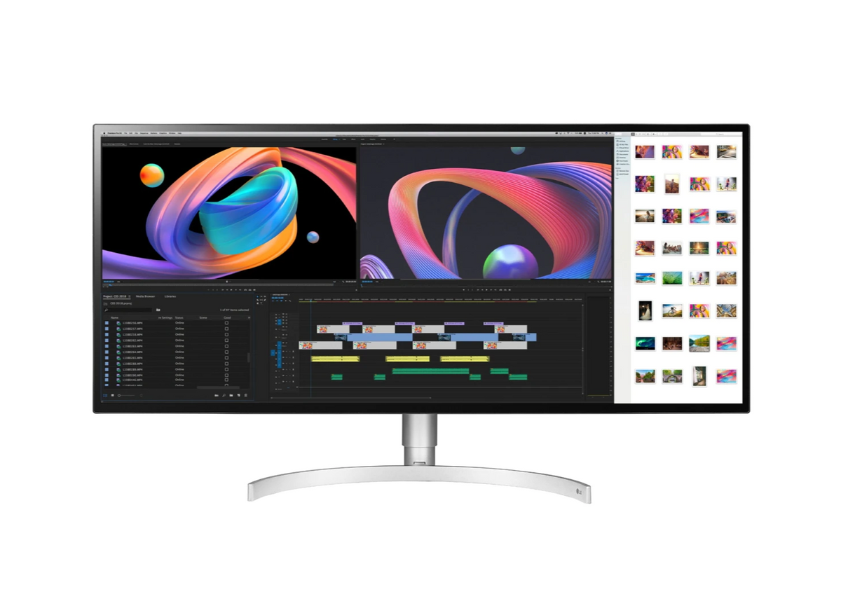 LG 34" UltraWide 5K UHD ThunderBolt Nano IPS Monitor előlnézet videó vágás jelenettel, 34WK95U-W