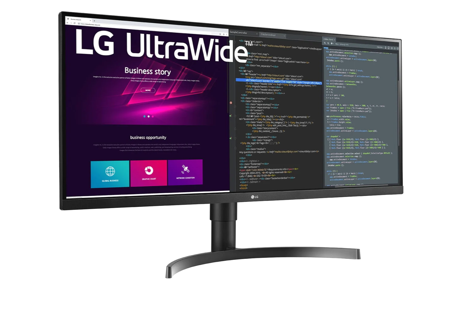 LG 34" UltraWide 2K WQHD 75Hz FreeSync HDR IPS Monitor előlnézet enyhén jobbra fordítva, 34WN750-B