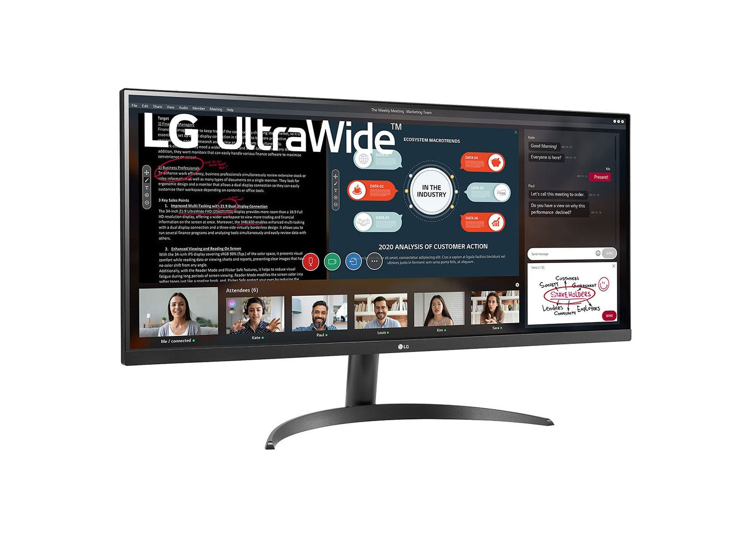 LG 34" UltraWide FHD 75Hz FreeSync HDR IPS LED Monitor előlnézet enyhén jobbra fordítva, 34WP500-B