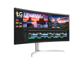 LG 38" Ívelt UltraWide 2K WQHD+ 144Hz 1ms Nano IPS Monitor előlnézet enyhén jobbra fordítva, 38WN95C-W